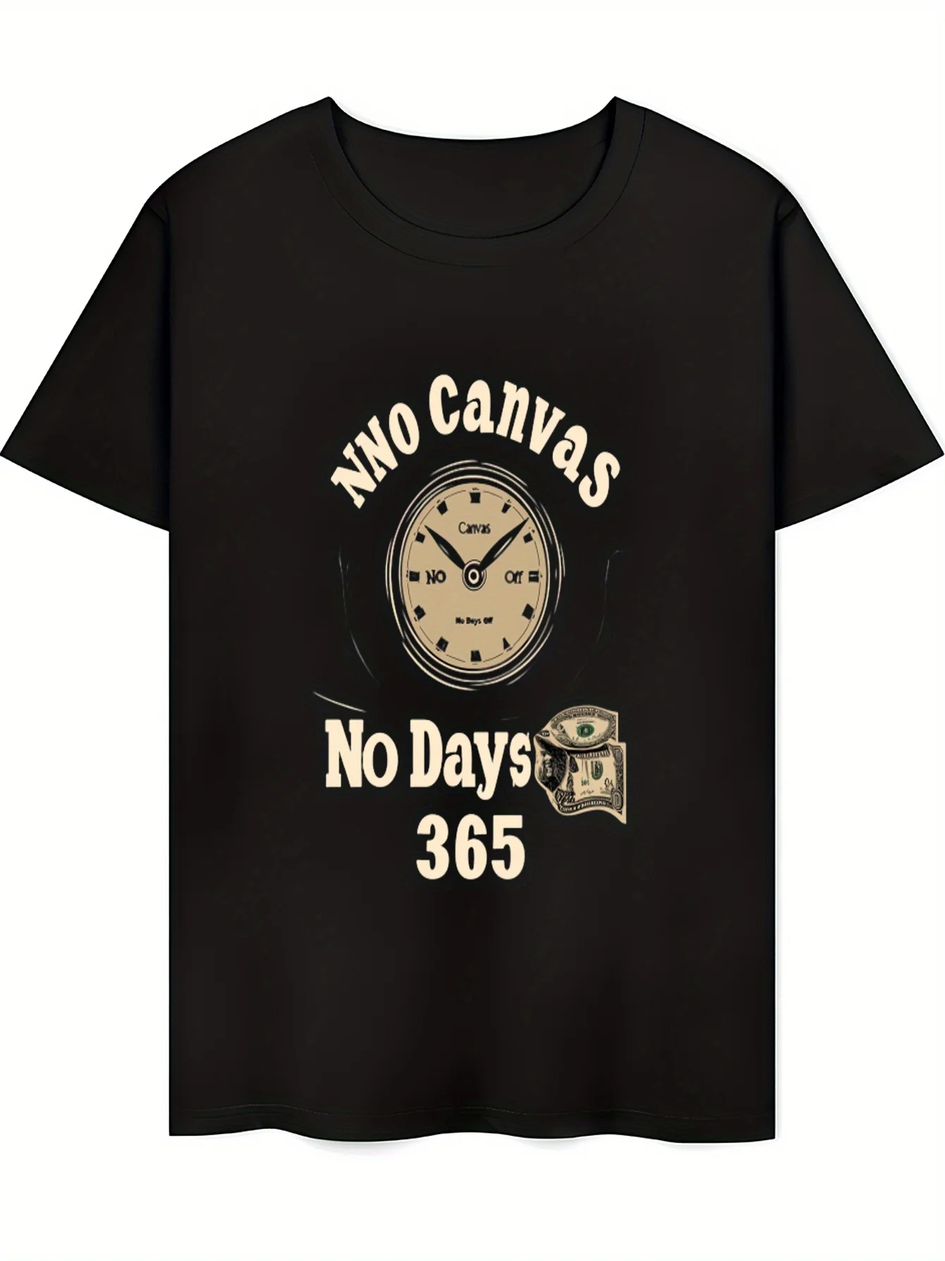 Men's casual black cotton T-shirt with "No Canvas No Days 365" pattern short-sleeved crew neck, light and breathable