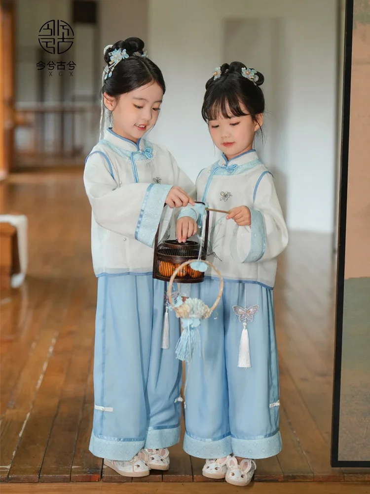 Осенний костюм Hanfu для девочек, новинка 2024, антикварный детский топ в национальном стиле Тан для маленьких девочек