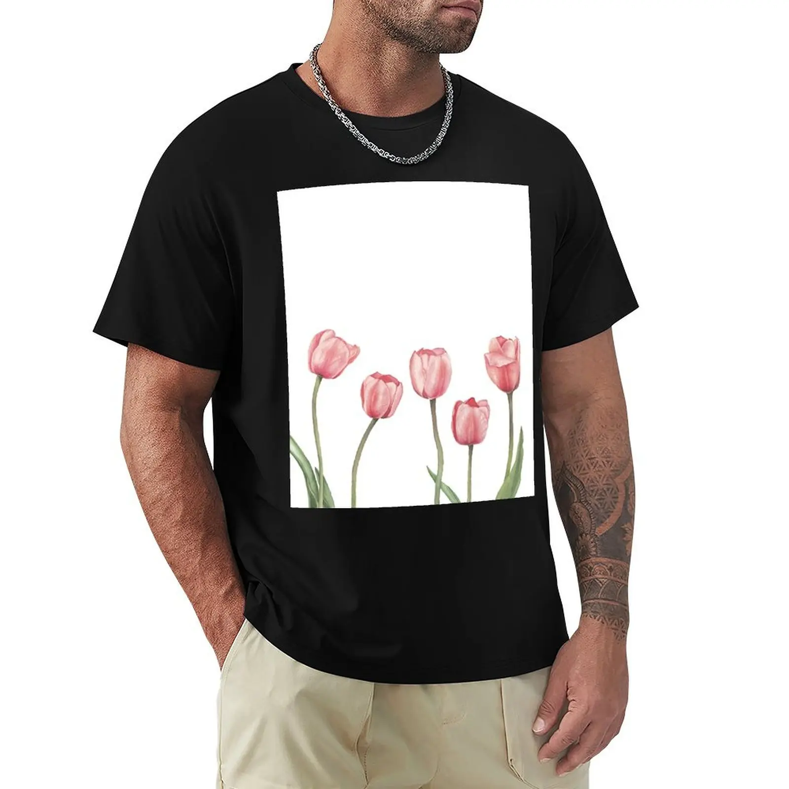 

Pink tulips with leaves, watercolor T-Shirt Breathable Lightweight Summer Top