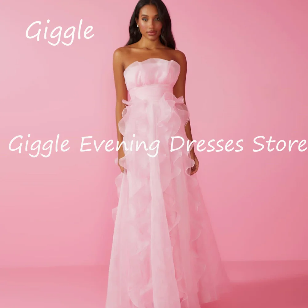 Giggle Tulle A-line Strapless Ruffle Formal Elegant Prom Gown Floor Length luxury Evening Pretty Party Dresses for Women 2023