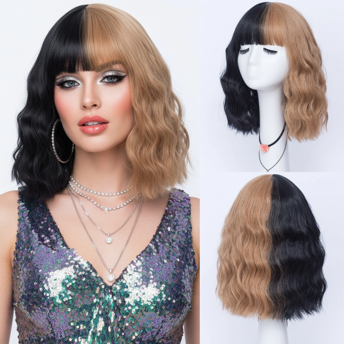 Synthetic Wigs Short Curly Black and Brown Double Spell Color Wigs with Bangs For Women Cosplay Lolita Christmas Party Fake Hair