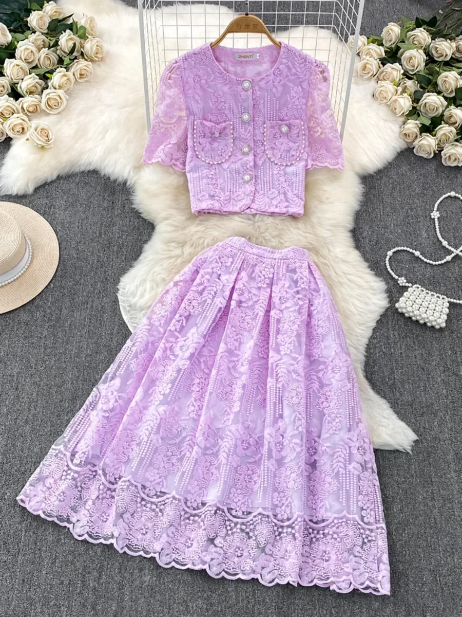 Summer Korean Small Fragrance Style Lace Set Two Piece Suit Lace Hook Flower Short Sleeve Shirt Tops Midi Skirt Women\'s Outfits