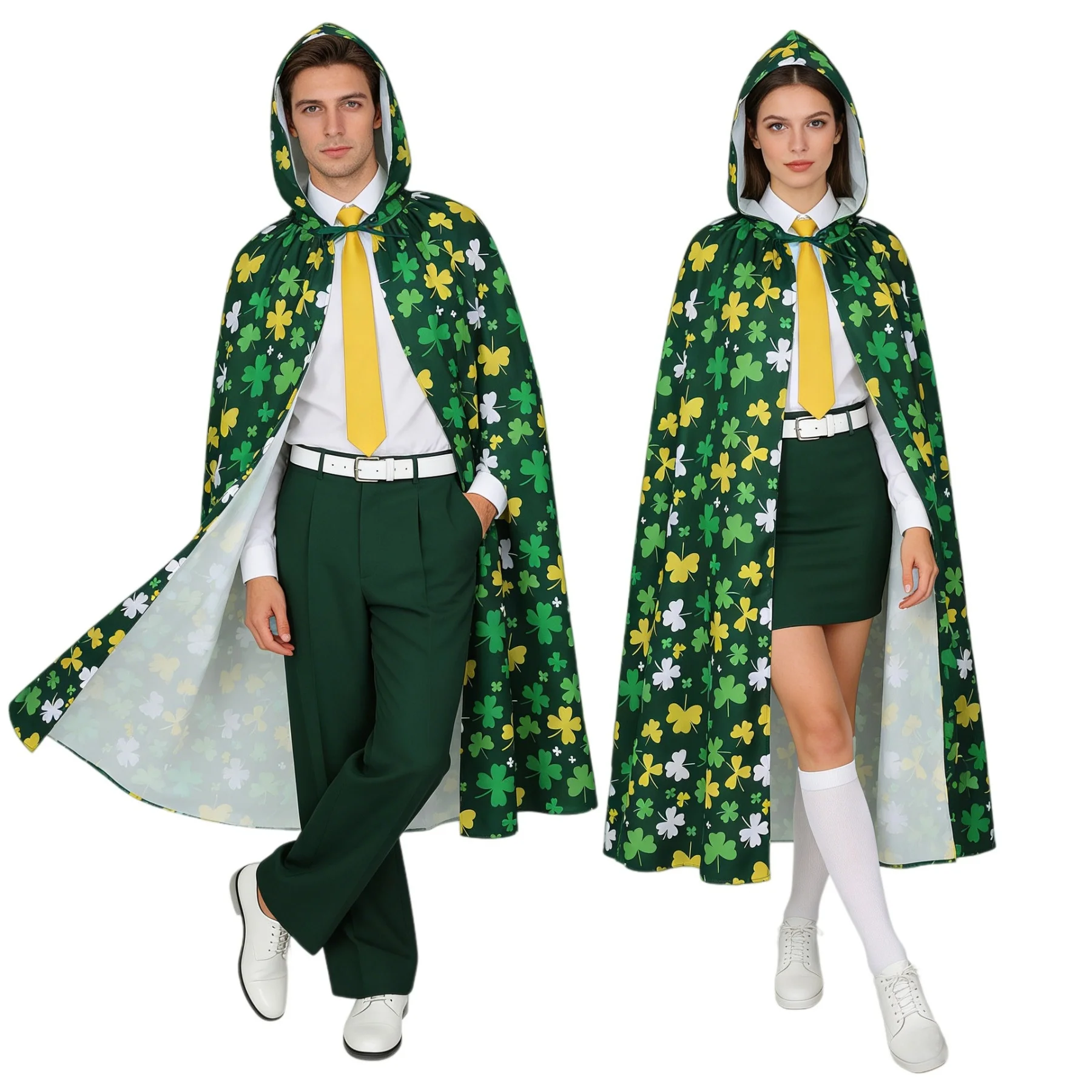 St. Patrick's Day Hooded Cloak For Men Women Shamrock Print Long Cape Irish Carnival Party Fancy Costume