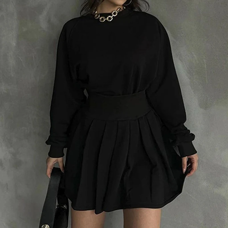 Simple Solid Color Loose Pleated Two Piece Set Elegant Baseball Sports Outfits Women O Neck Long Sleeved Top and Mini Skirt Suit