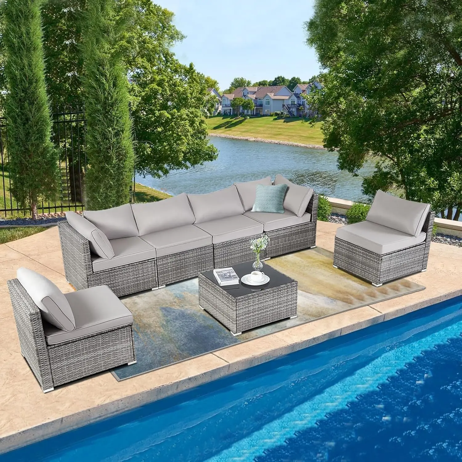 Outdoor Furniture Set, PE Rattan Wicker Sectional Sofa Set with Padded Cushion,Patio Conversation Set for Garden BalconyBackyard