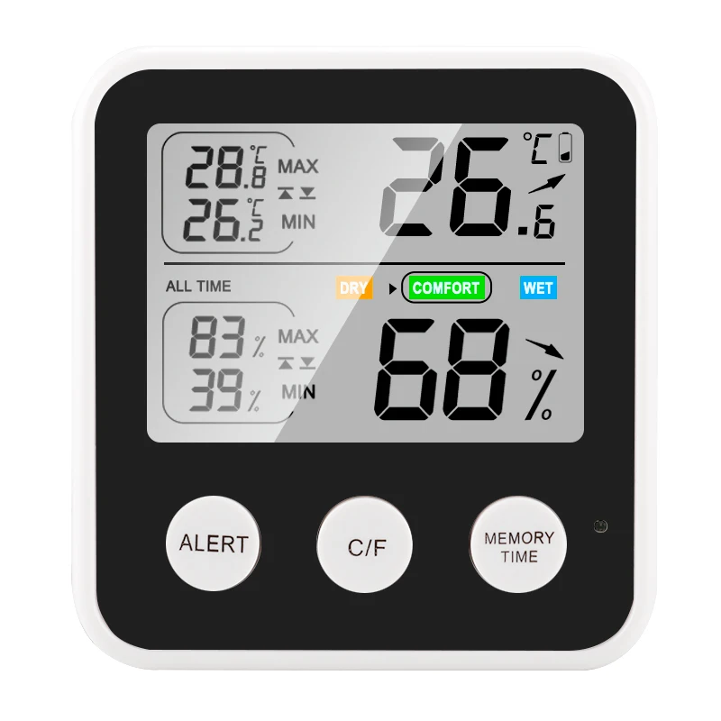 Monitor Digital LCD Grande de Temperatura y Humedad para Cuarto de Bebé, Bodega, Invernadero, Termómetro, Higrómetro, Alarma, Estación Meteorológica con Indicador de Tendencia