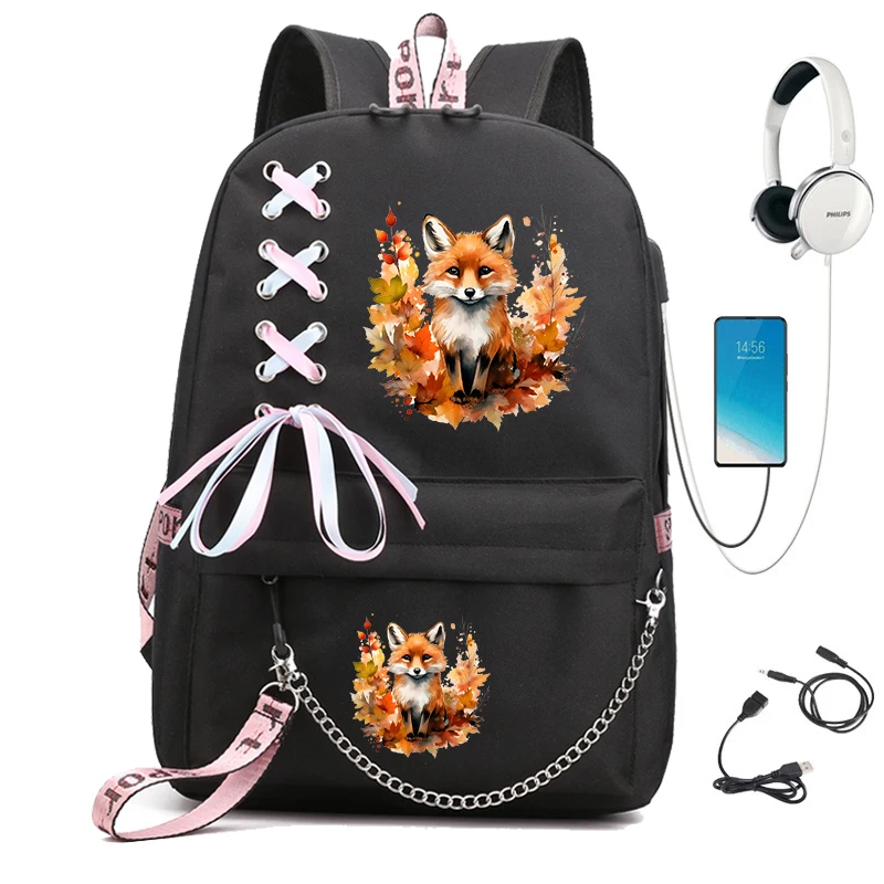 Mochilas escolares con estampado de zorro de la selva para adolescentes, morral con estampado de animales de dibujos animados para niños, morral escolar con carga Usb