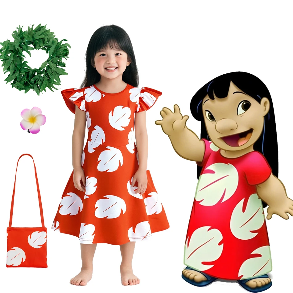 

Lilo and Stitch Same Dress for Girls Children Leaf Print Flying Sleeve Dress + Bag Girls Daily Casual Clothes Halloween Costume