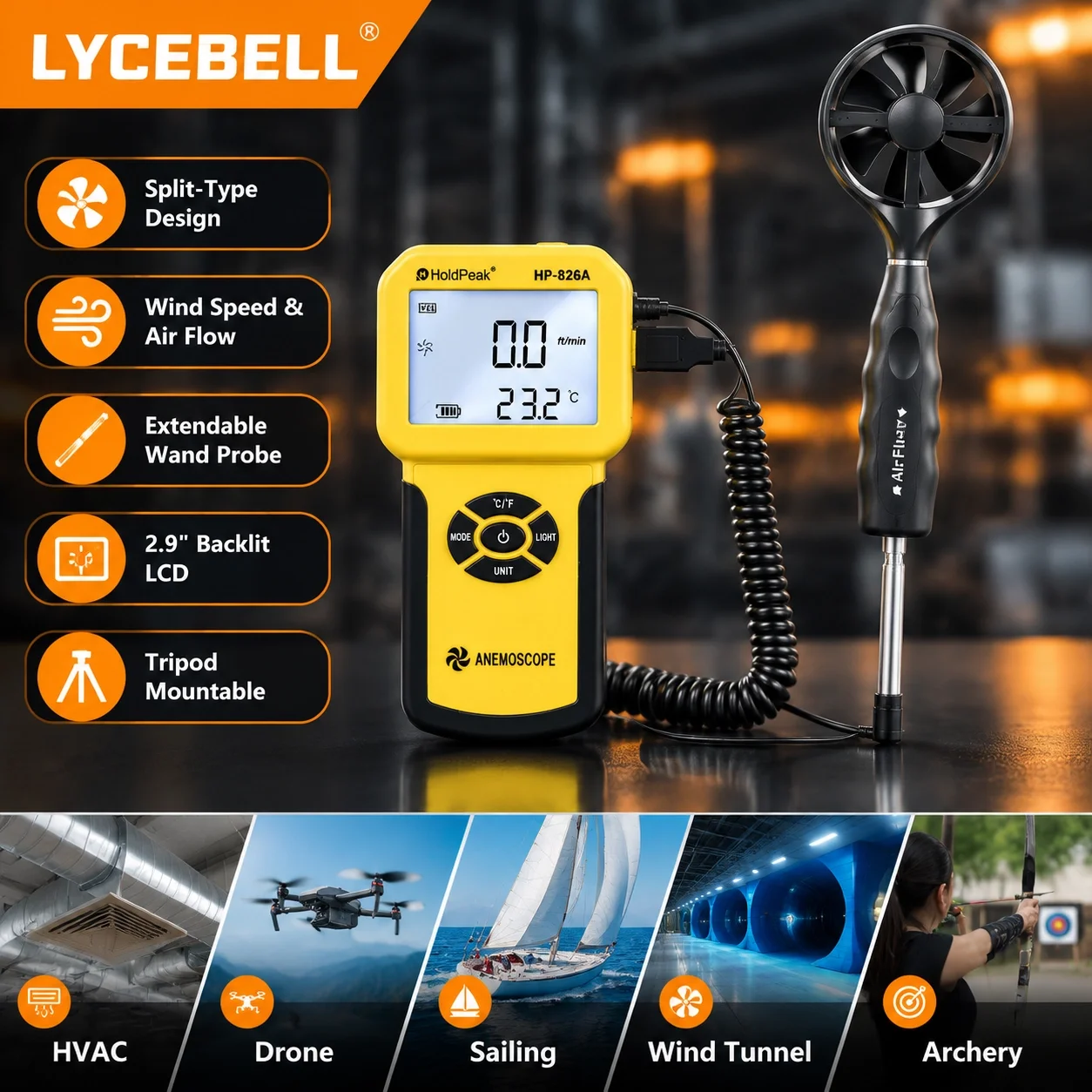 HoldPeak 826A Anemometer Extendable Wand 2m Cable 0-30m/s 5 Units MAX/MIN/AVG Backlight for HVAC Drone