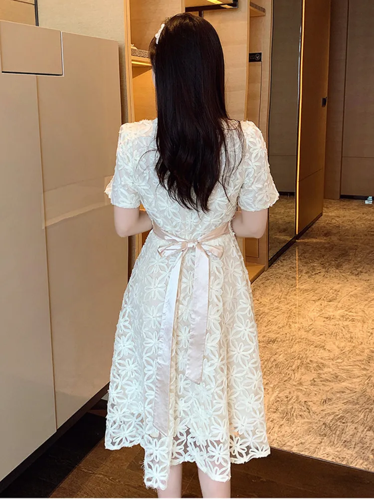 Elegant Mesh Embroidery Flower Summer Dress for Women 2024 New Casual Round neck Lace-up Slim Short Dress Women Clothing