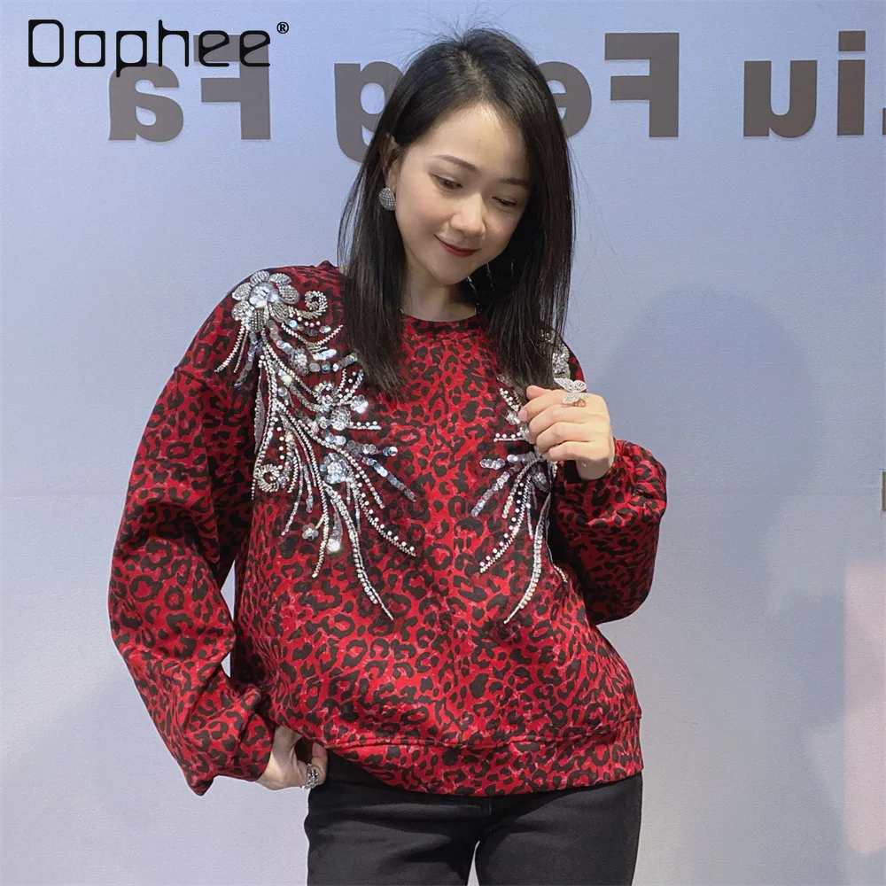 

Короткая толстовка с леопардовым принтом и круглым вырезом и длинными рукавами для женщин, осенняя новая мода, корейская версия, топ, уличная женская одежда