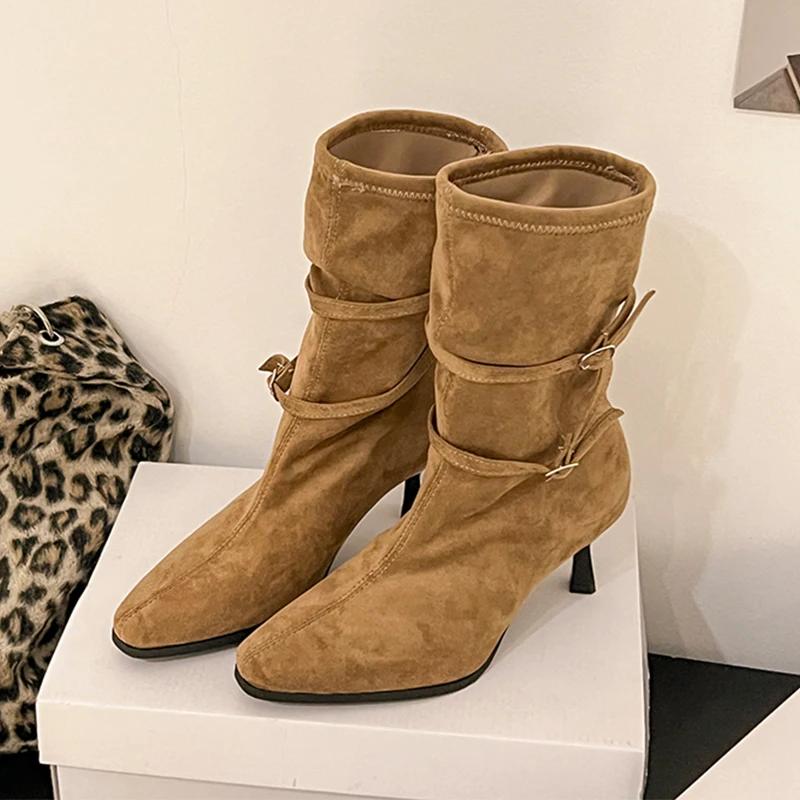 

Pointed Toe Women Ankle Boots Fashion Suede Luxury Shoes High Heels Sexy Woman Pumps 2025 Winter Party Elegant Botas Para Mujer