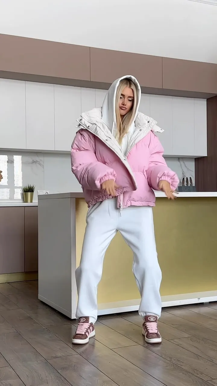 Abrigo corto de algodón con capucha rosa para mujer, abrigos holgados elegantes de manga larga con cuello levantado y cremallera de un solo pecho, ropa de calle cálida para invierno