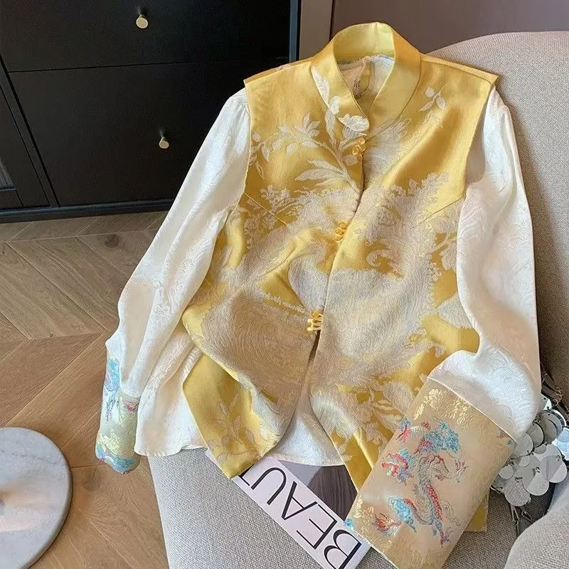 Yellow Phoenix Print Chinese Style Traditional Satin Suit Women Jacket Tang Suit Cheongsam Spring Summer Vest Vintage Coats 2025