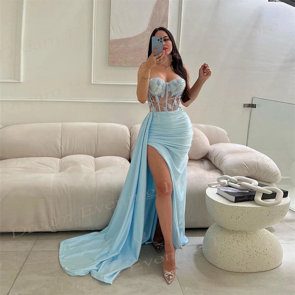 Graceful Blue Mermaid Sexy Evening Dresses Sleeveless Strapless Lace Beaded Customized Prom Gowns Side Split Vestido De Festa