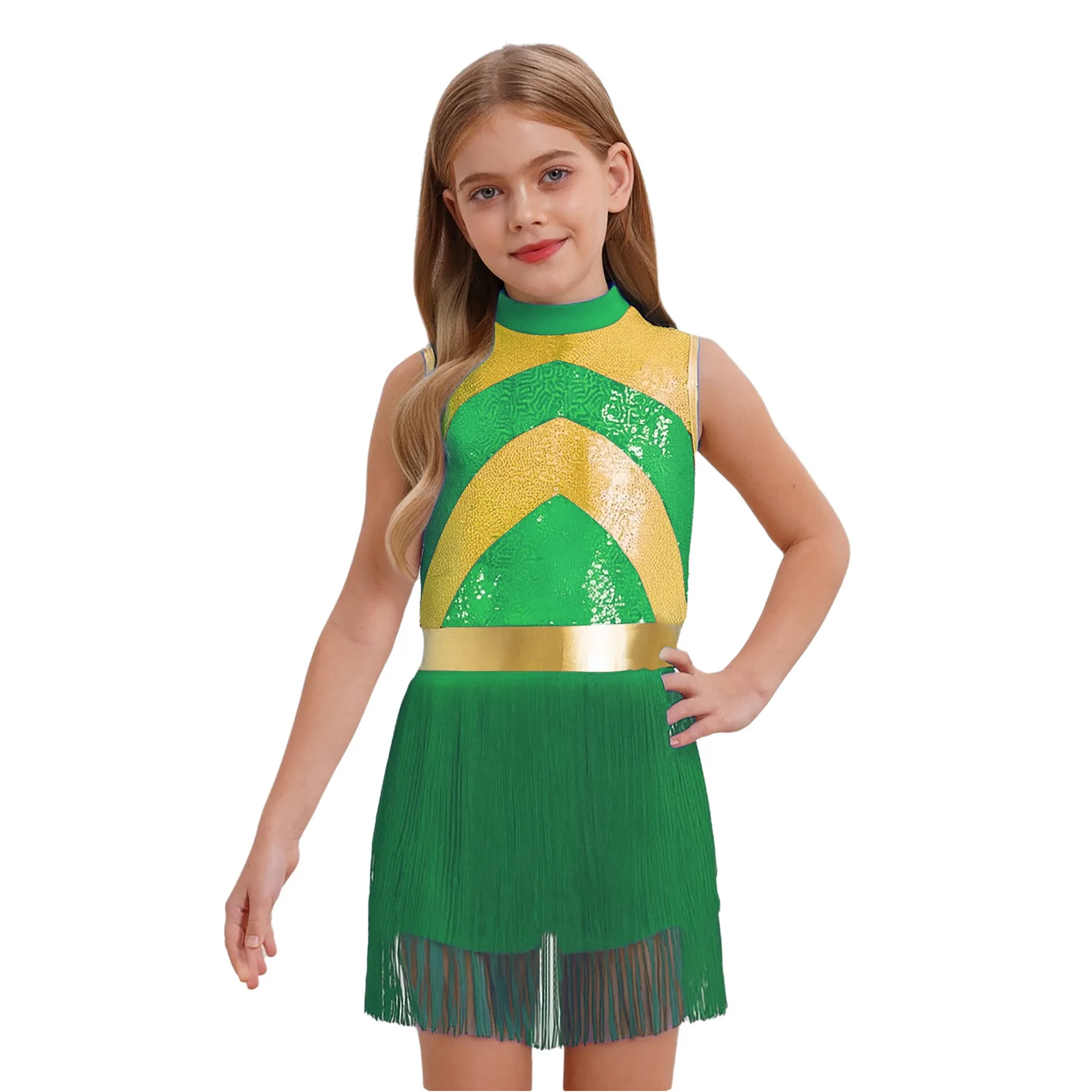 Kids Girls Latin Jazz Dance Dresses Mock Neck Sleeveless Shiny Sequins Color Block Tassels Skirted Leotard Dress for Performance