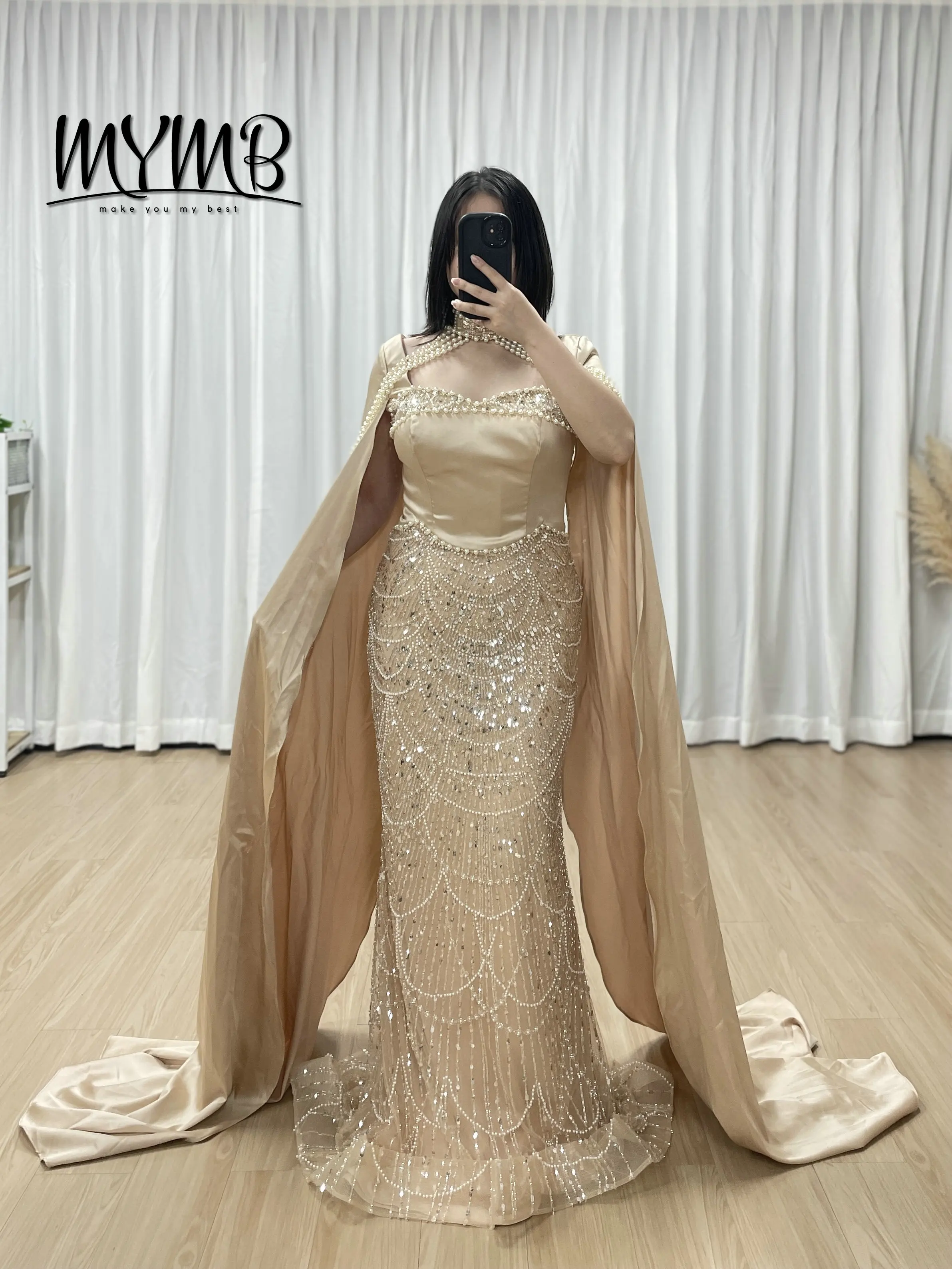 

MYMB Elegant Champagne Evening Gown With Satin Cape Mermaid Wedding Dresses for Bride Muslim Dubai Party Gowns for Women MY30205