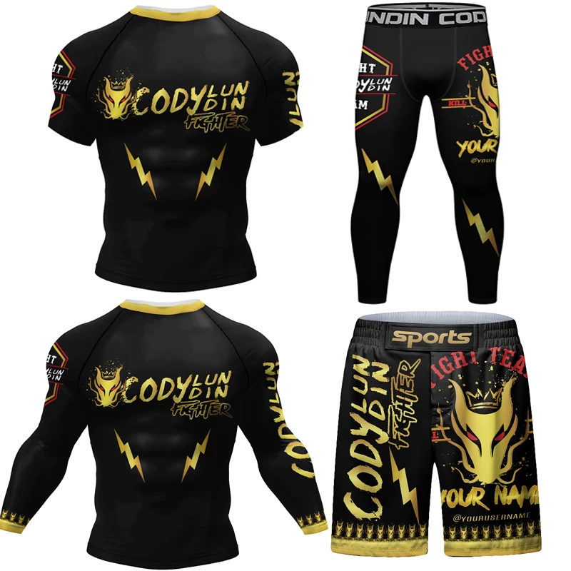 Bokserski Rashguard Dla Mężczyzn Jiu Jitsu MMA Koszulka + Spodnie Zestaw Brazylijski Grappling Bjj Gi Rash Guard Odzież Sportowa Muay Thai Spodenki
