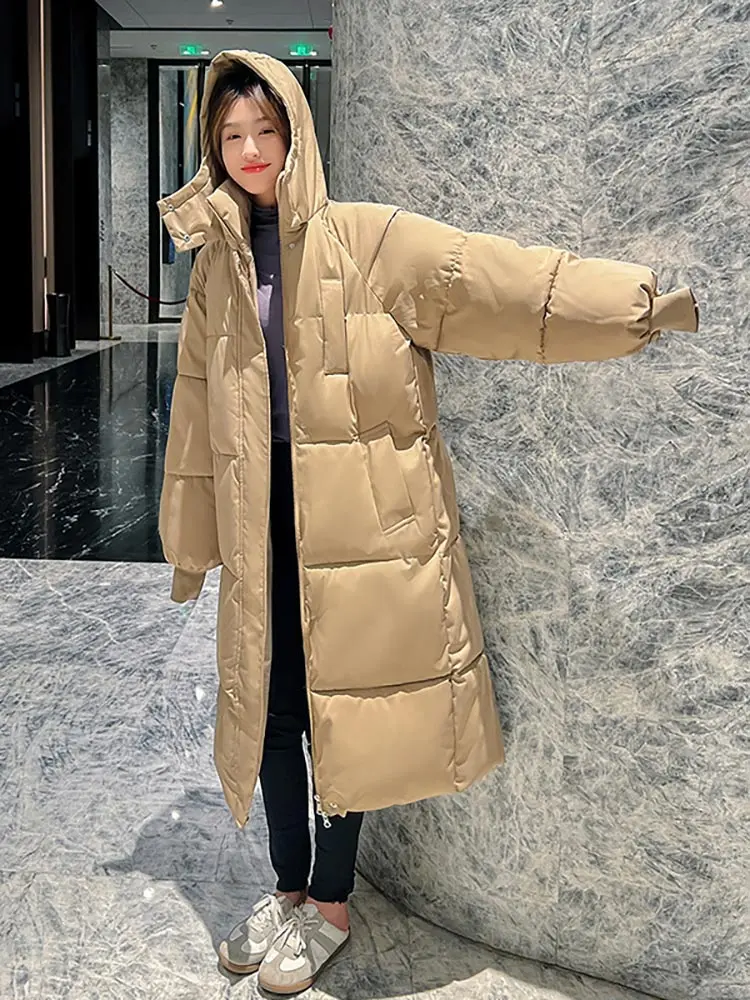 Viel leicht 2024 koreanische Jacke Frauen Winter x-lange Parkas feste Kapuze verdicken warme weibliche Schnee tragen Mantel gepolsterte lose Kleidung