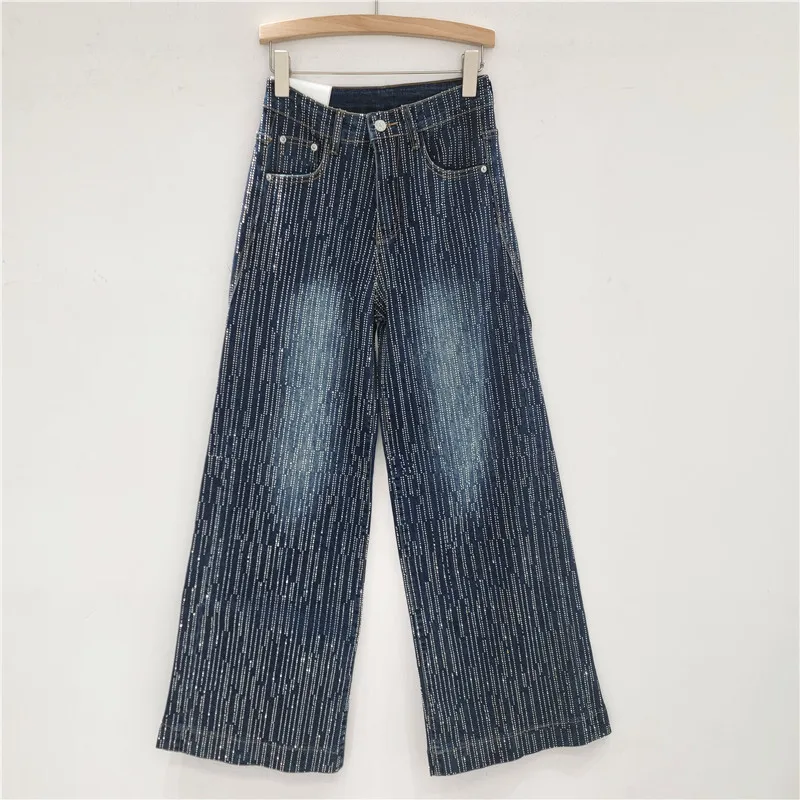 

Новые осенние джинсы со стразами для женщин, синие потертые лоскутные джинсовые брюки, американская мода, блестящие широкие брюки High Street