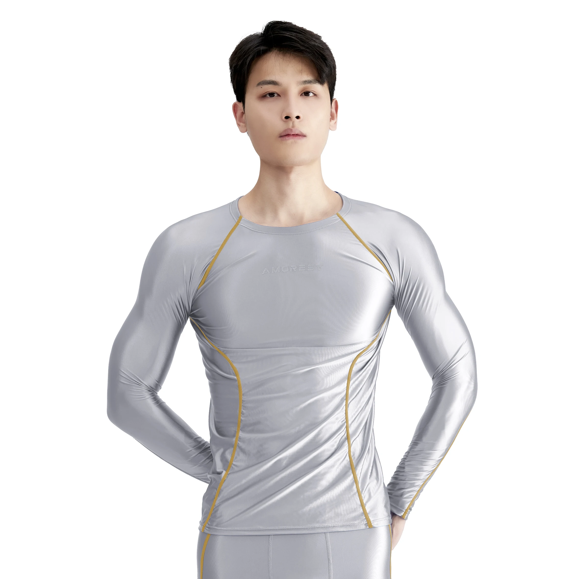 AMORESY round neck tight long sleeve T-shirt for men gloss compression sports Fitness spandex