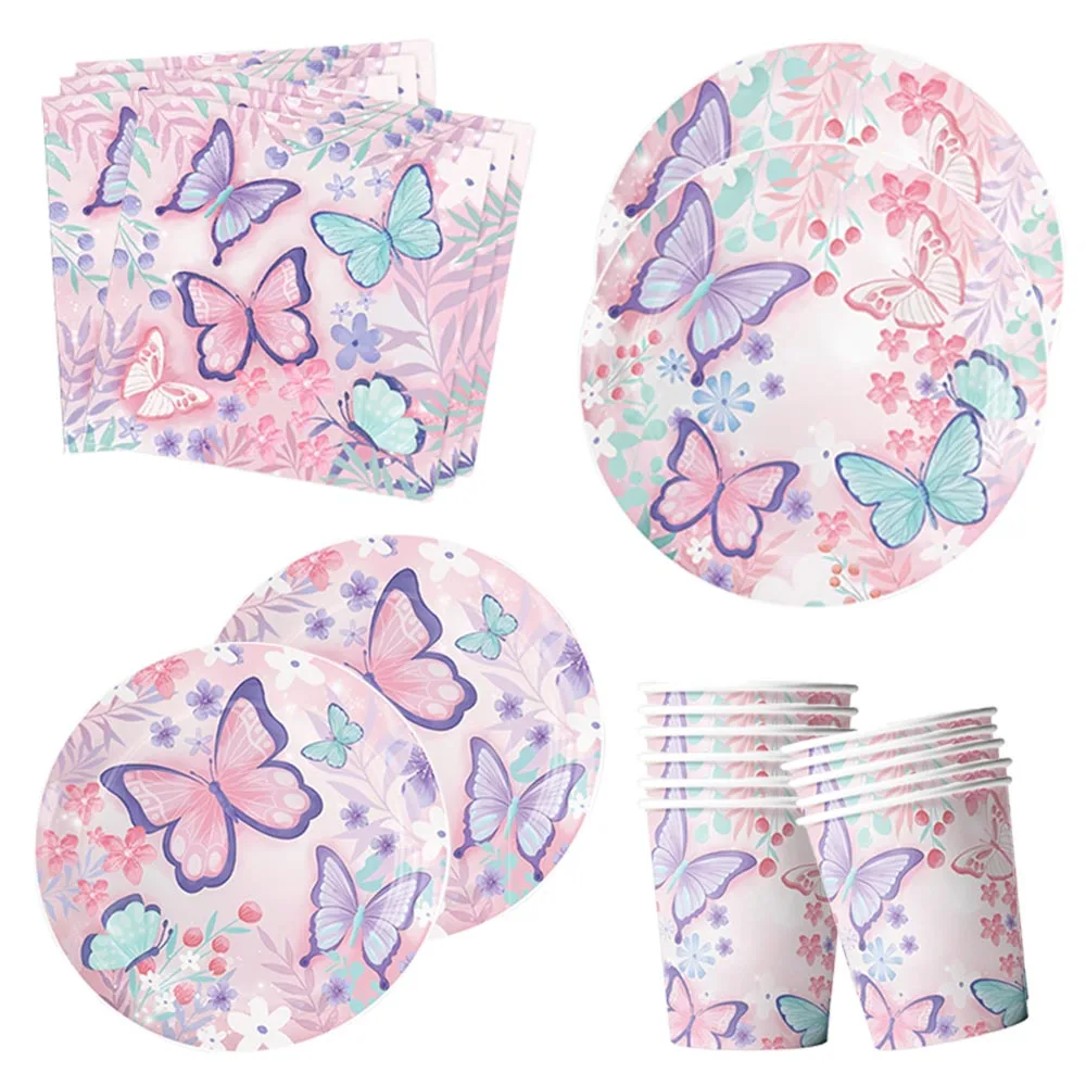 Zastawa stołowa Butterfly Girls Birthday Party Papierowe talerze Serwetki Kubki Dekoracje Balony Butterfly Fairy Imprezy tematyczne Materiały eksploatacyjne