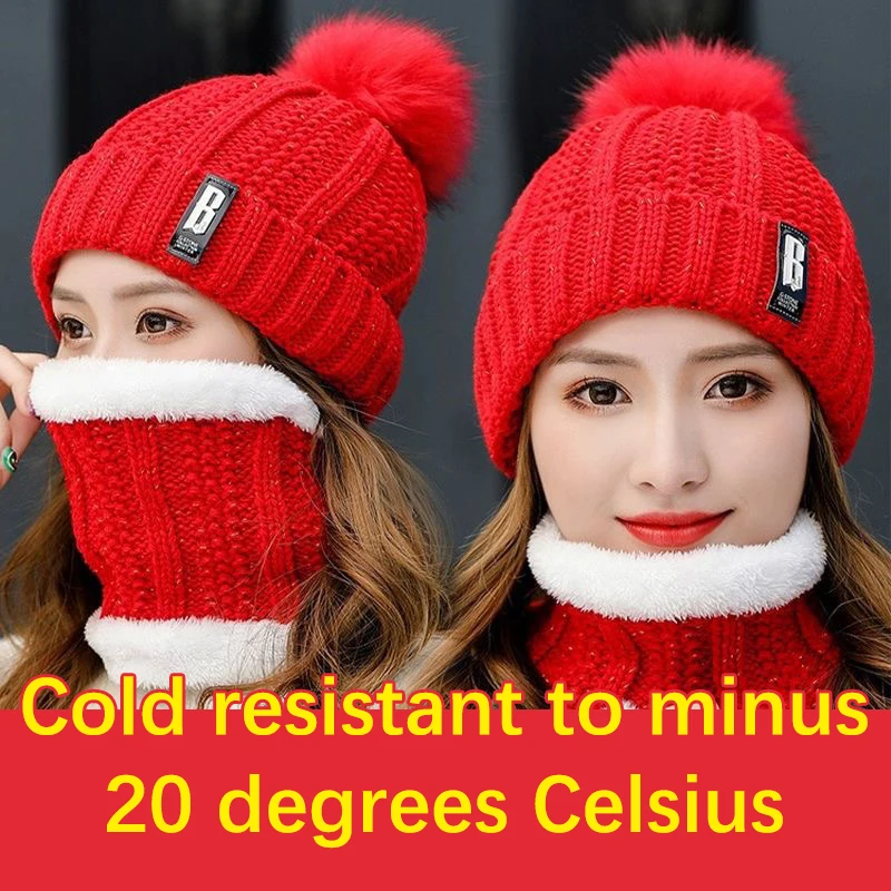 Women's Brand Winter Knitted Scarf Hat Set Thick Warm Skullies Beanies Hats Girl‘s Solid Outdoor Snow Riding Ski Bonnet Caps