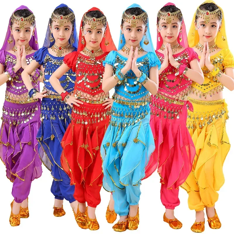 Trajes de danza del vientre para niños, 6 colores, trajes de danza del Egipto, ropa de Bollywood, conjuntos de baile indio para niñas, ropa de actuación, vestido