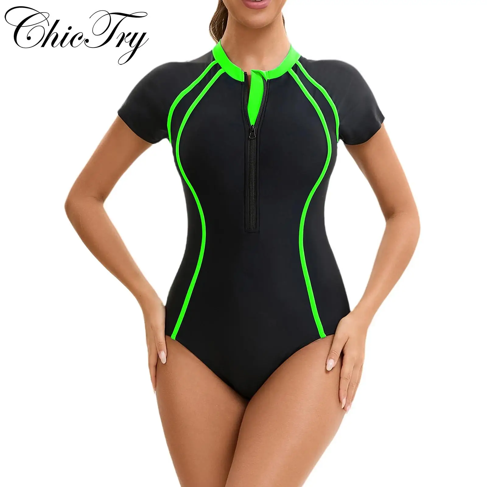 

Womens One Piece Athletic Swimsuit Swim Leotard Chest Pads Shorty Swim Bodysuit Color Contrast Swimwear Surfing Bathing Suit