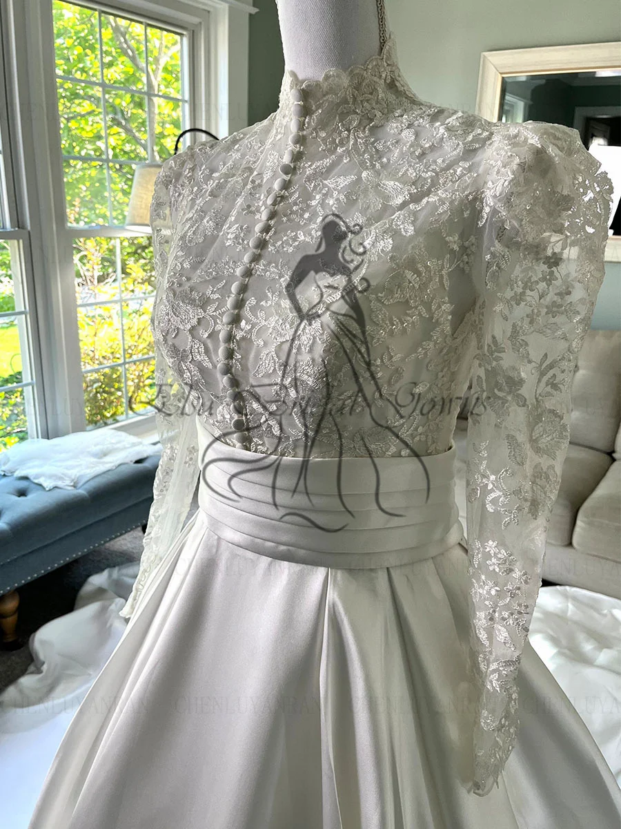 Robes de mariée musulmanes en satin pour femmes avec ceinture, robe de mariée de luxe en dentelle, robes A-Line pour femmes, 2023