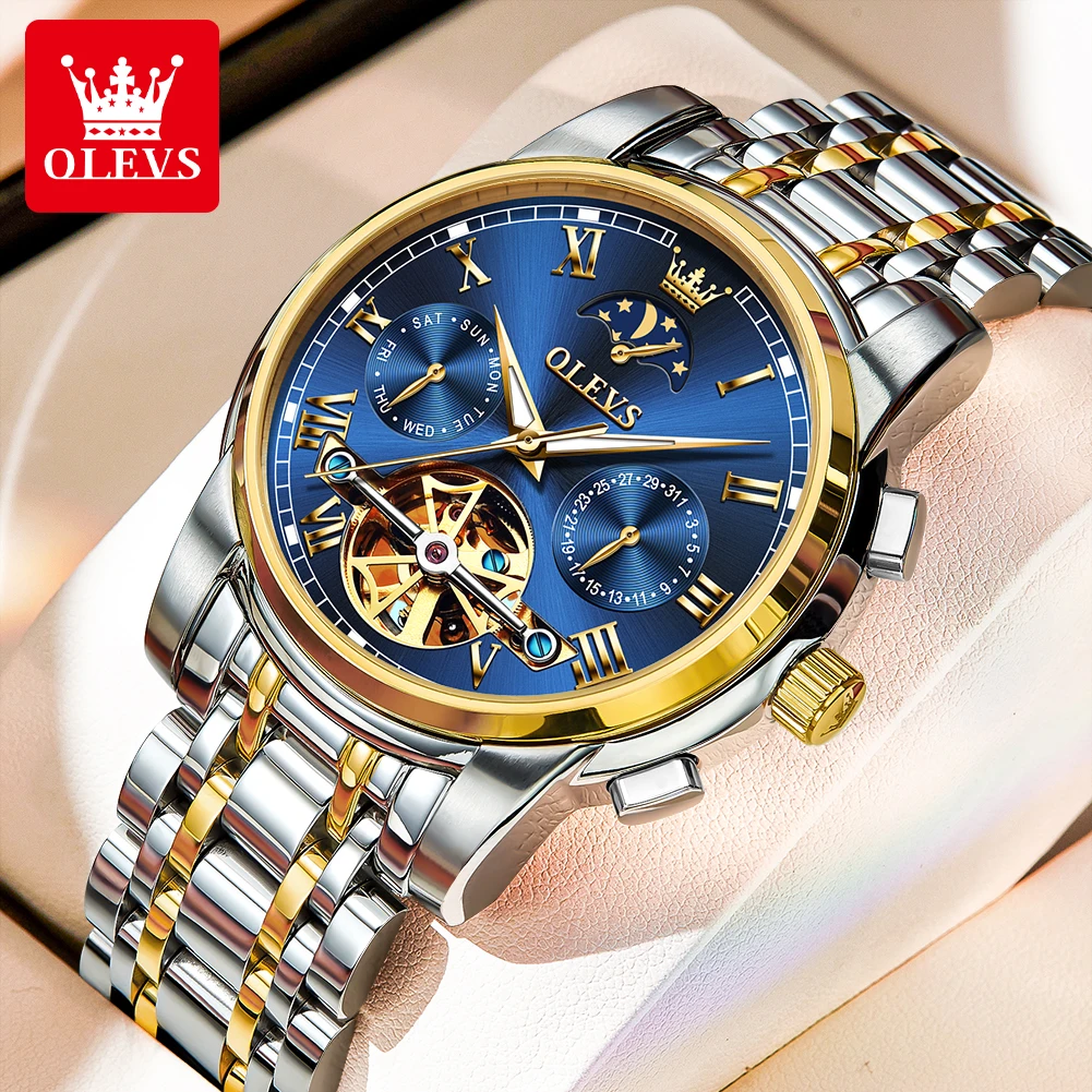 

OLEVS 6617 TOP Luxury Automatic Men's Watch Tourbillon Design Chronograph Moon Phase Waterproof Mechanical Watch for Men Dress