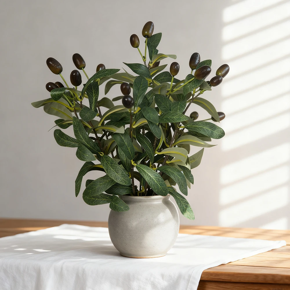 35 cm künstlicher Olivenzweig, künstliche Pflanzen, grüne Olivenblätter, Schaumbeere, kleine Palmfrucht für Zuhause, Garten, Hochzeit, Party, Dekoration – Detail 3