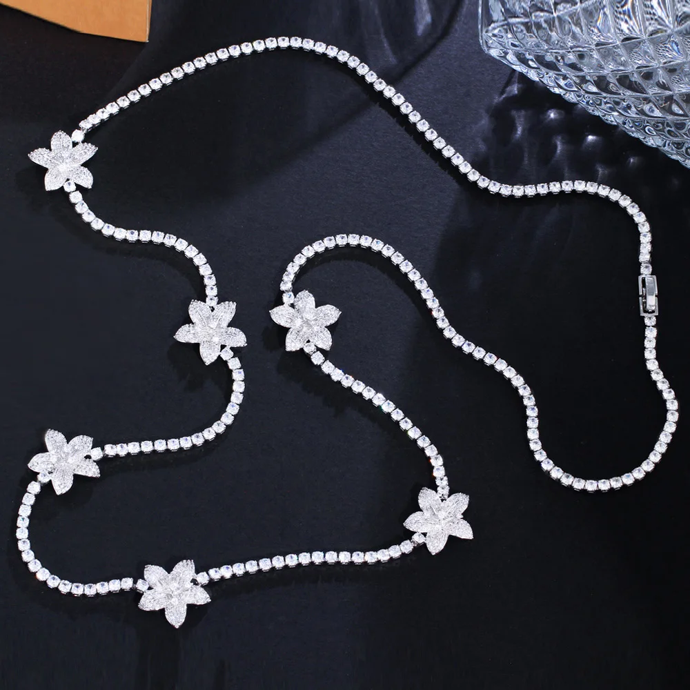 ThreeGraces New Trendy Cubic Zirconia Silver Color Flower Shape 82cm Long Sweater Necklace for Women Bridal Party Jewelry PN157