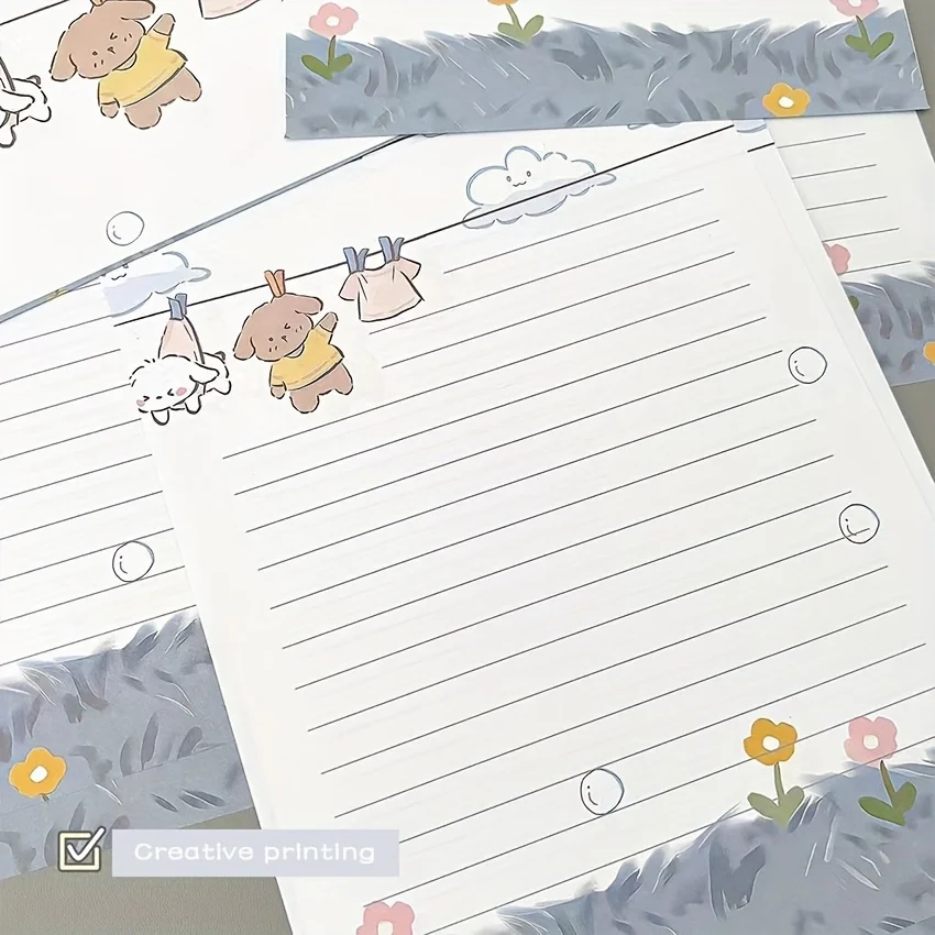 4 encantadores juegos de cachorros y letras florales con sobres: papelería creativa escrita a mano para estudiantes, vacaciones y cumpleaños.