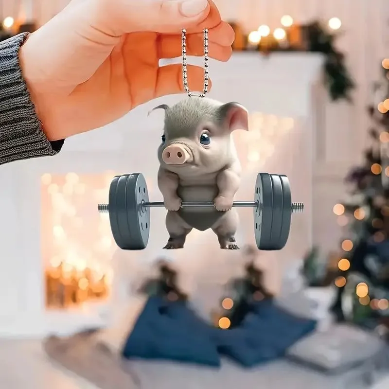 New creative 2D acrylic flat cartoon cute fitness piggy pendant, car decorations, keychain pendant Christmas ornaments