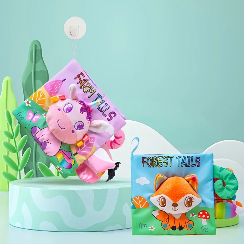 High Contrast Baby Toy, Baby Tail Cloth Book, Soft Cloth Book with 3D Animal Tails High Contrast Colorful Touch Feel