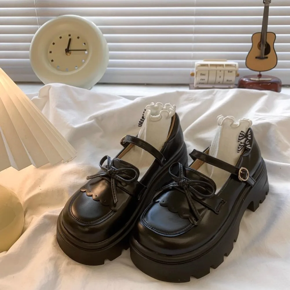 Kids Shoes Black Leather Mary Janes Girls Shoes Bow Thick Sole Casual Party Toddler Little Girls Fashion Footwear Shoes