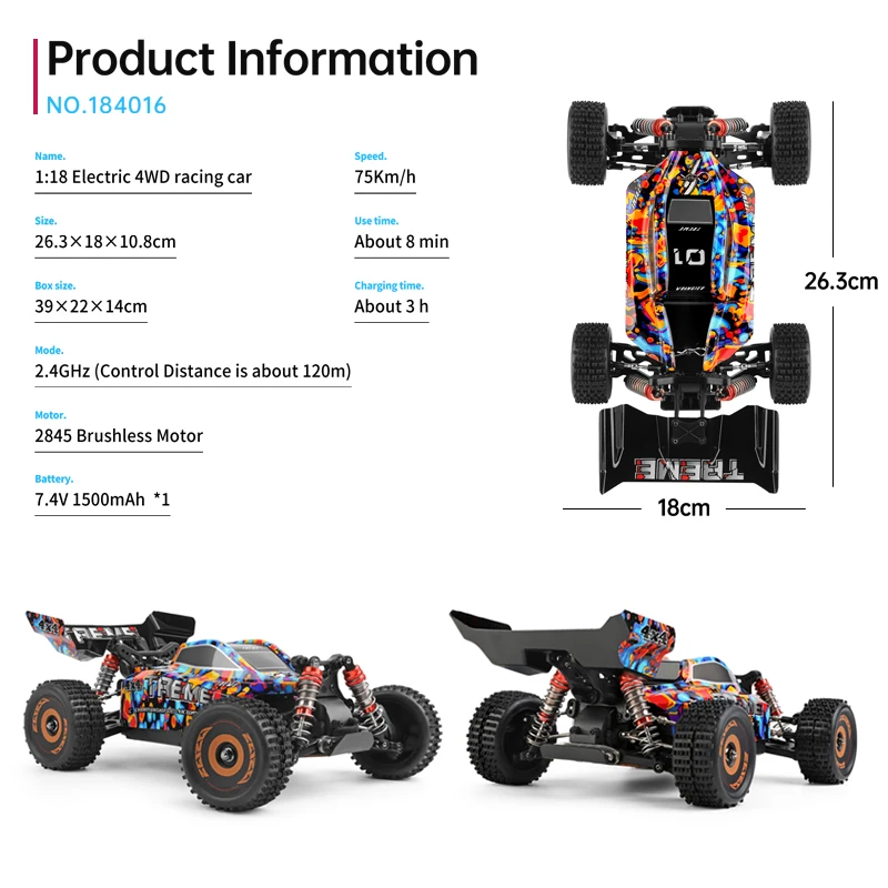 Wltoys 184016 75 Km/h 2.4G Rc Auto Borstelloze 4wd Elektrische Hoge Snelheid Off-Road Afstandsbediening Drift Speelgoed Voor Kinderen Racen