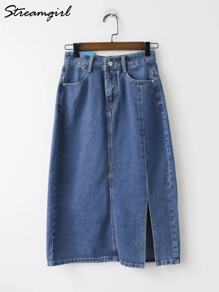 Verão denim saia midi das mulheres khaki coreano moda saias longas para as mulheres saia divisão lado jeans verão saia jeans feminino denim longo