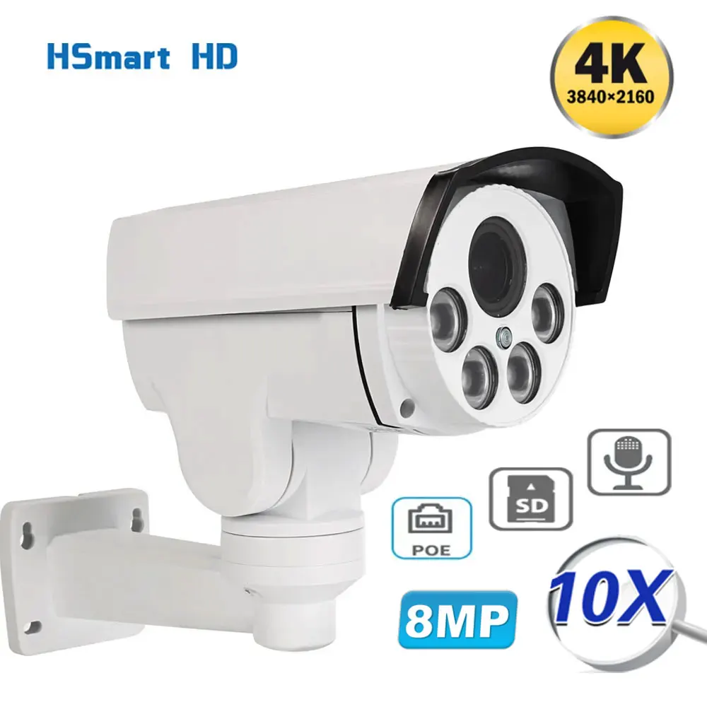 

8MP 4K HD Outdoor Waterproof 10X Zoom H.26 POE Audio with SD Card Slot night vision PTZ smart Cameras Support Hikvision Protocl