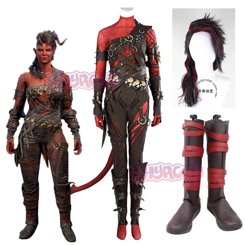 بوابة زي BG3 Karlach غير مسلح تأثيري البدلة الزي لجميع القديسين كرنفال حفلة يتوهم الكبار لعب الأدوار شعر مستعار حذاء ir;l5