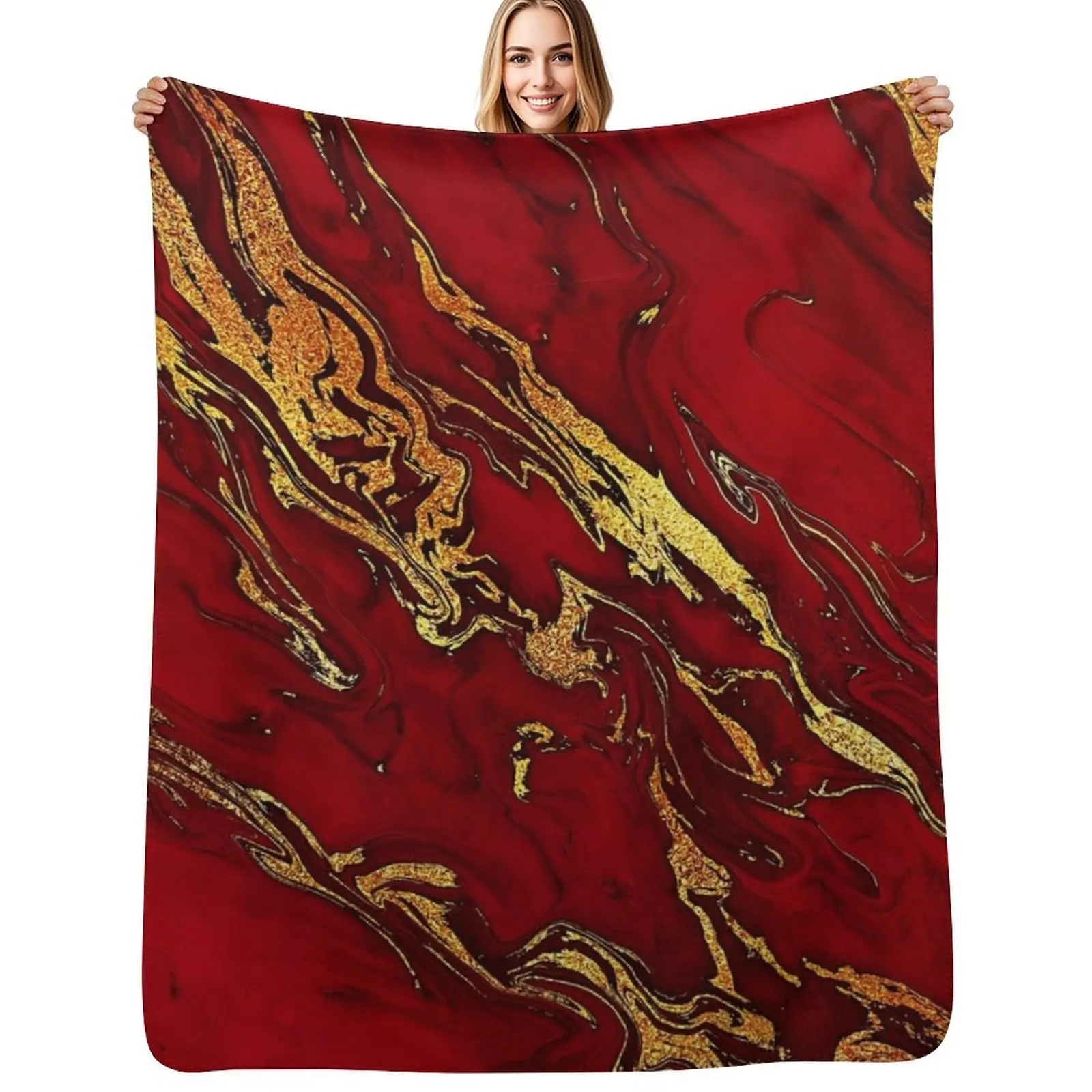 

Faux Fire Red And Gold Marble Throw Blanket Loose Soft Plaid For Decorative Sofa Extra Large Throw Blankets