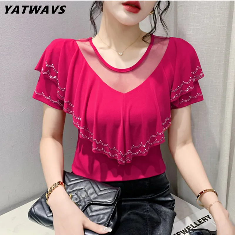 Fashion Summer European Clothes T-Shirt Chic Sexy Ruffles Shiny Diamonds O-Neck Tees Hot Drilling Short Sleeves Elastic Tops