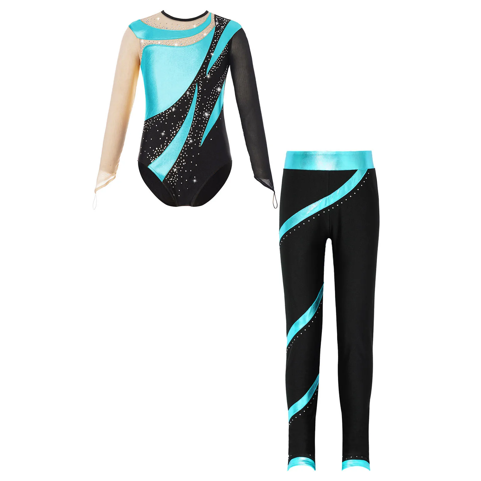 New Child Girls Shiny Rhinestones Ballet Dance Set for Skating Gymnastics Performance Long Sleeve Cutout Back Leotard with Pants