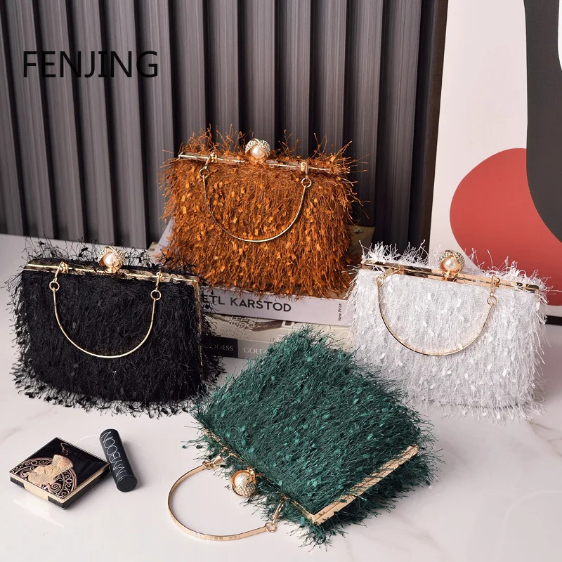 Fashion Tassel Evening Bags Luxury Designer Box Handbag Black Sling Shoulder Bags Female Banquet Party Purse 2024 Sac A Main