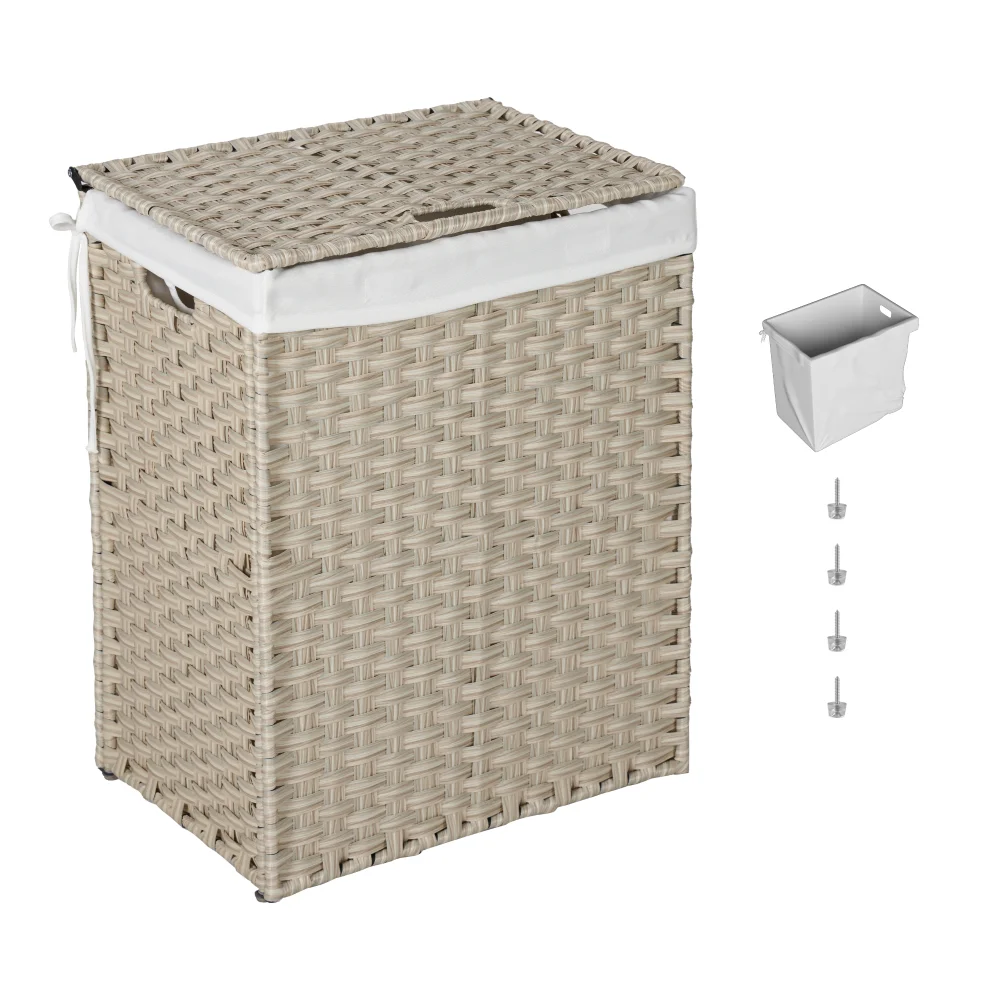 Laundry Hamper With Lid PE Rattan Powder Coating Frame Clothes Hampers with 01 Removable Bags, 100L, Grey Color