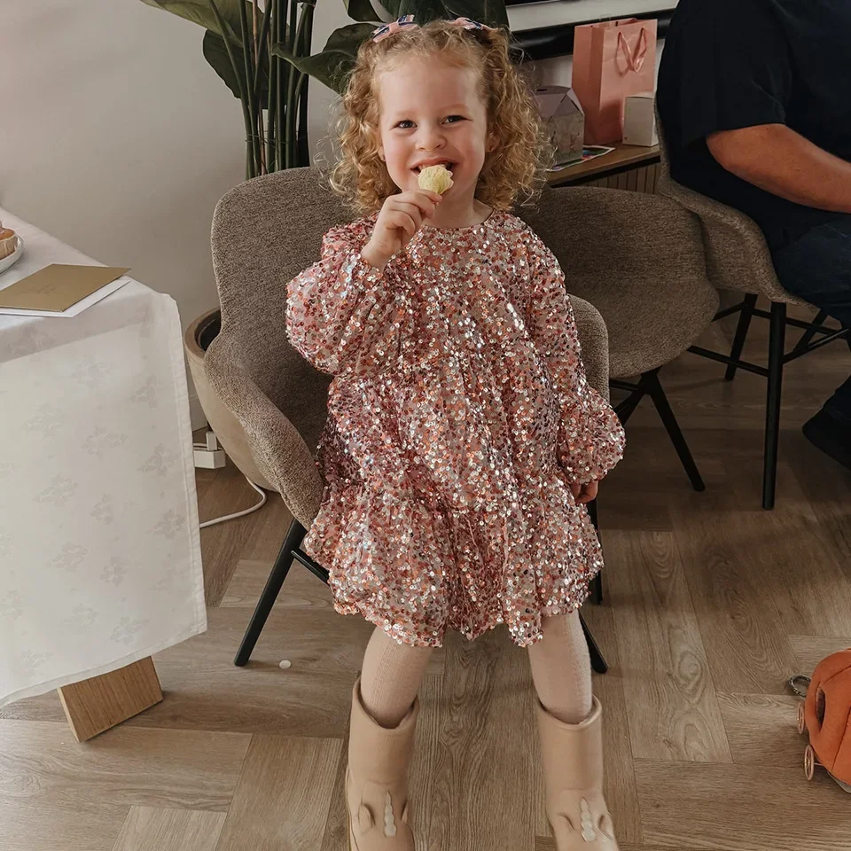 2026 KS Baby Girls Star Sequins Dress Kids Clothes Girls Mesh Princess Dresses Children Casual Skirts Christmas Party Vestidos