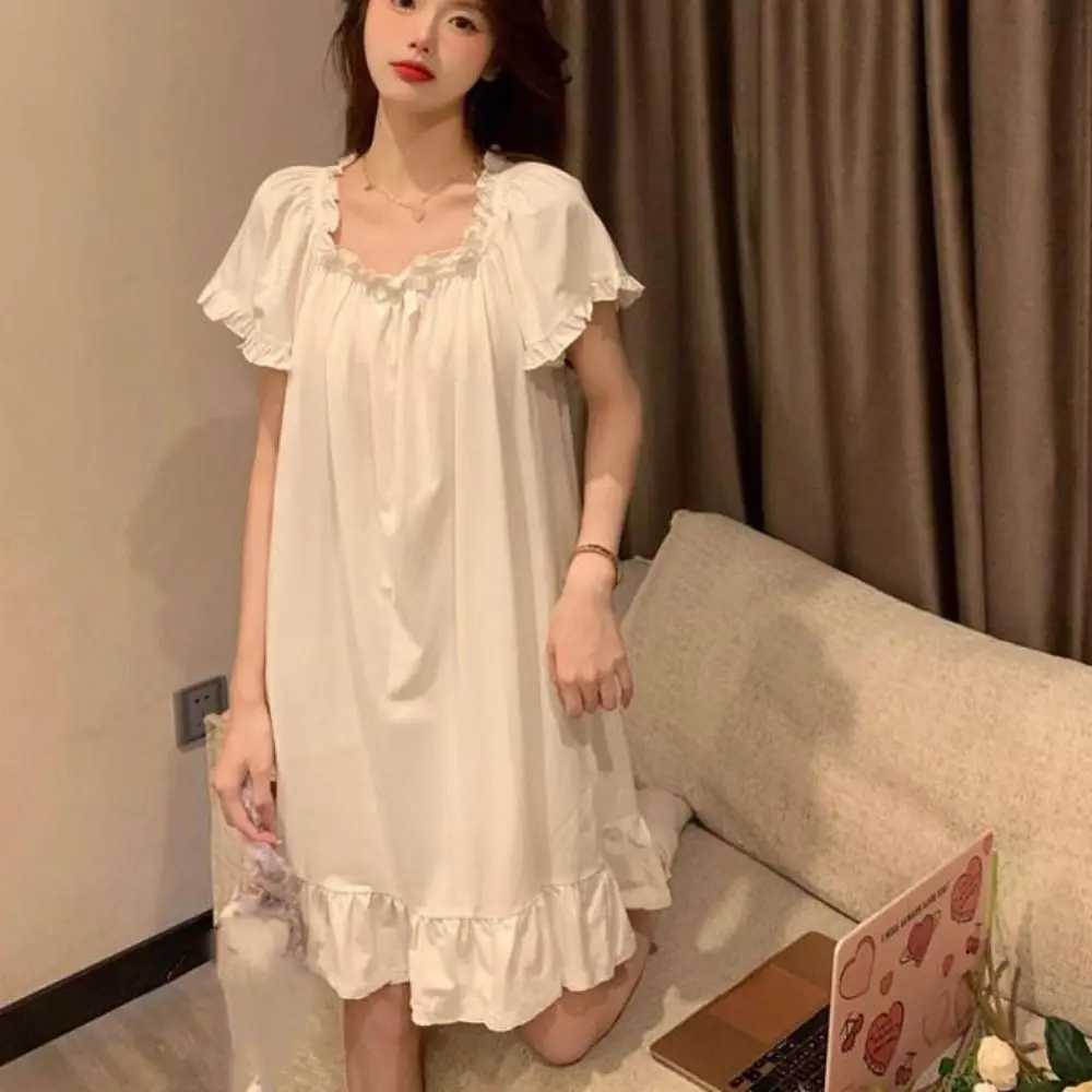 

Elegant Bowknot Women's Pajama Dress Loose Short Sleeve Ruffle Nightdress Home Wear Sleepwear Princess Nightgown Female