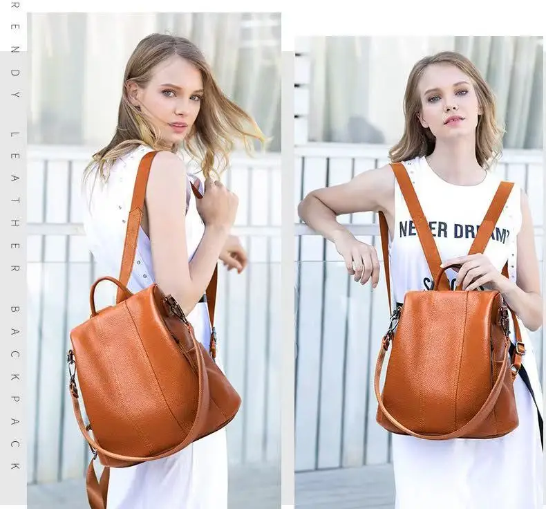 

Leather double shoulder bag durable cowhide computer backpack academic h large capacity bag