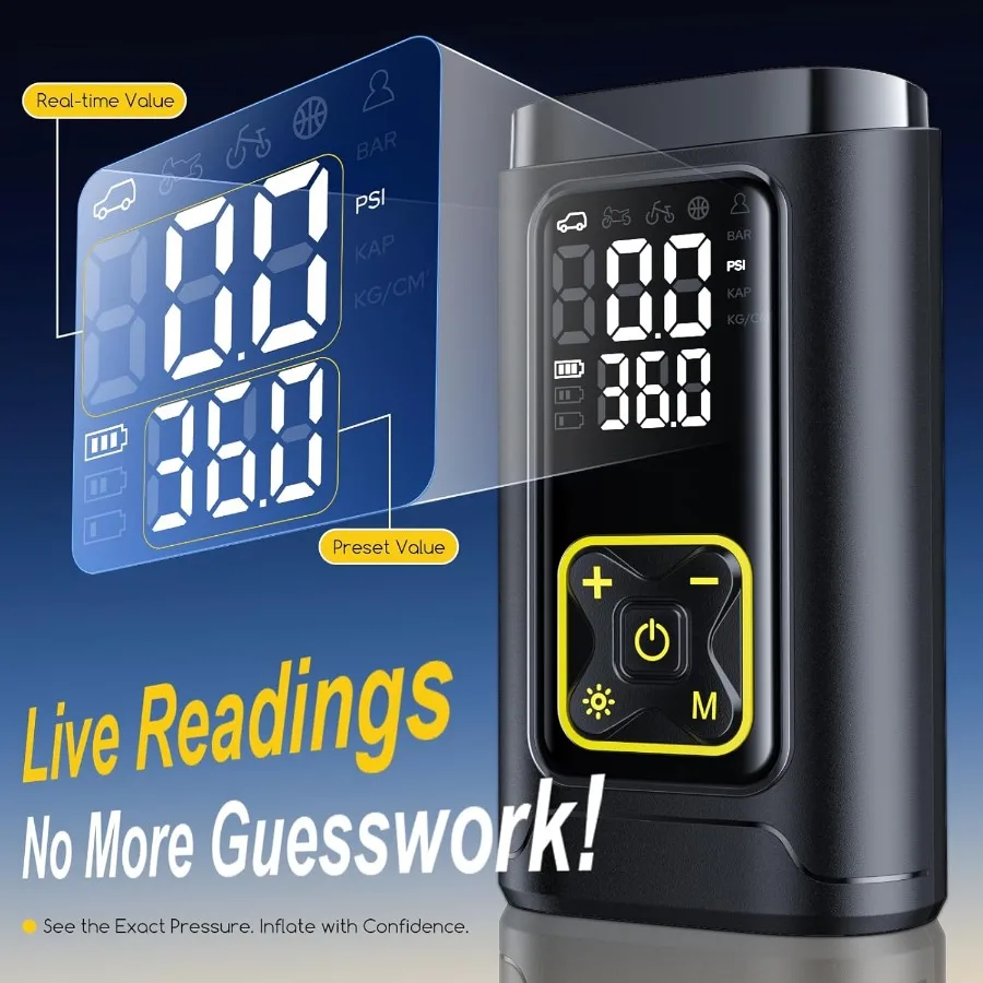 Przenośny kompresor powietrza do opon samochodowych 150PSI Cyfrowa pompka do opon z wbudowanym manometrem, oświetleniem LED, funkcją automatycznego wyłączania i szybkim pompowaniem.